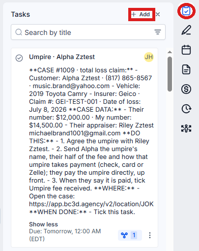 The Tasks icon (a clipboard with a check mark) on the right edge circled, the customer's tasks open beside it, + Add circled.