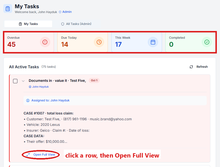 The Tasks page: My Tasks, the four boxes Overdue, Due Today, This Week and Completed, and one task's preview with Open Full View circled.