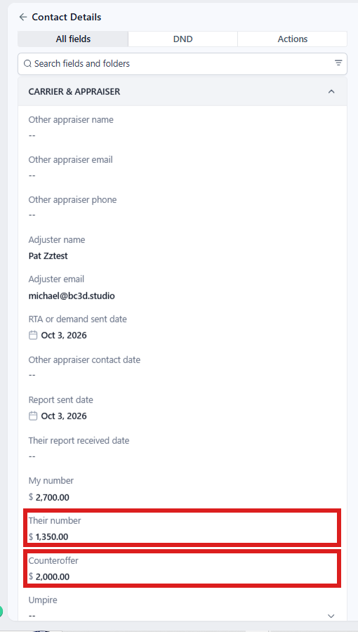 Folder CARRIER & APPRAISER open: Their number and Counteroffer circled.