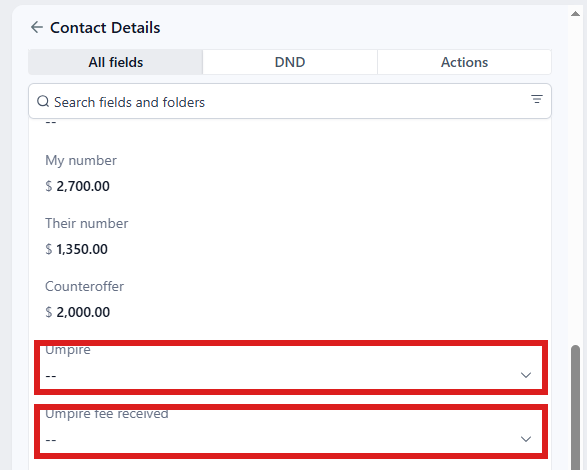 Folder CARRIER & APPRAISER open: Umpire and Umpire fee received circled (both are lists).