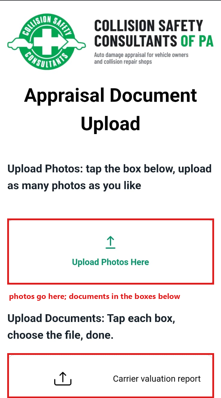 The upload page on a phone: the photo button at the top, the document boxes under it.