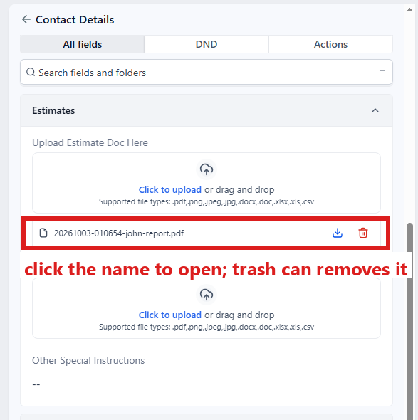 Folder Estimates open: the uploaded report's file name in Upload Estimate Doc Here circled.