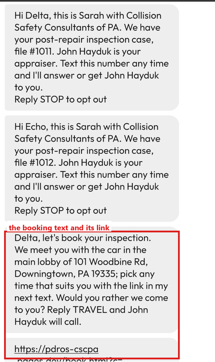 A customer's phone: Sarah's welcome text, then the booking text with its link, as the customer sees them.